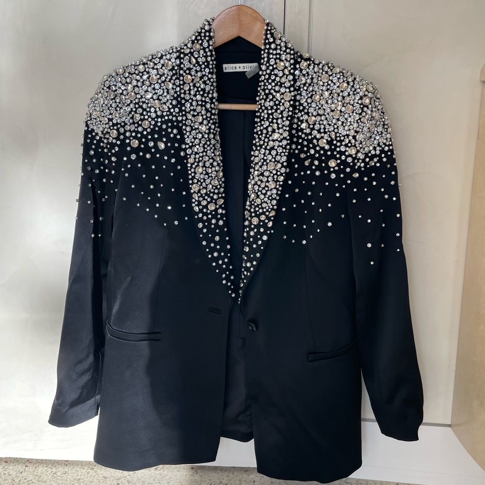 Alice + Olivia Black Satin Blazer with Crystal Embellishments, Size S, NWOT